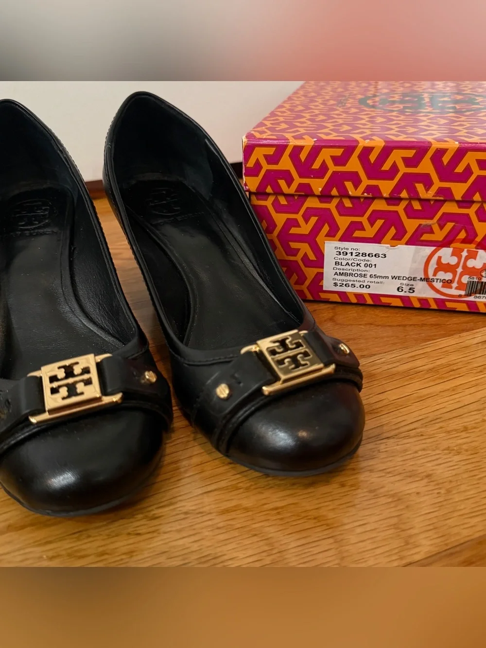 Tory Burch Ambrose 65mm Black Leather Logo Wedges Size 6.5 NEW